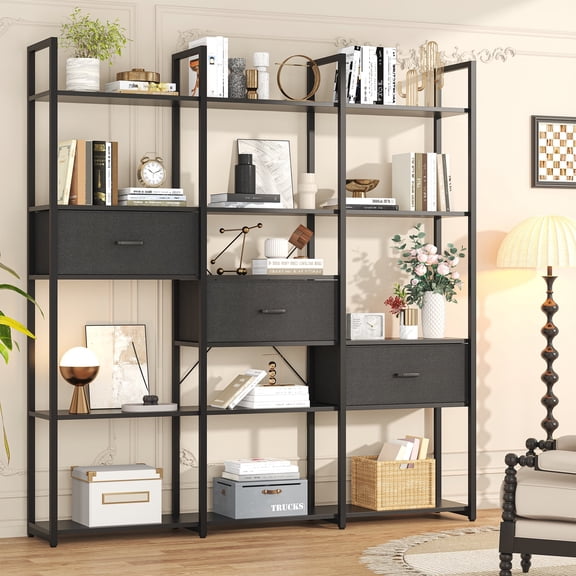 Casendy Tall 5 Tier Bookcase with 3 Storage Drawers, Metal Frame Bookshelf, Display Storage Shelf Book Shelf for Living Room, (11" D x 70.9" W x 73.6" H), Black