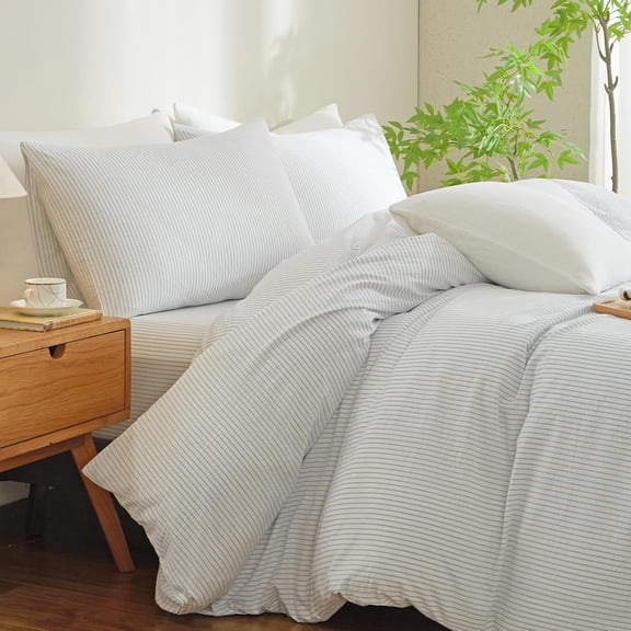 Striped Duvet Cover Set Queen Size 3 Pcs Breathable Durable 100% Washed Cotton Comforter Cover for All Seasons Chic Linen Like Textured Bedding Set (White Light Blue Pinstripes, Queen)