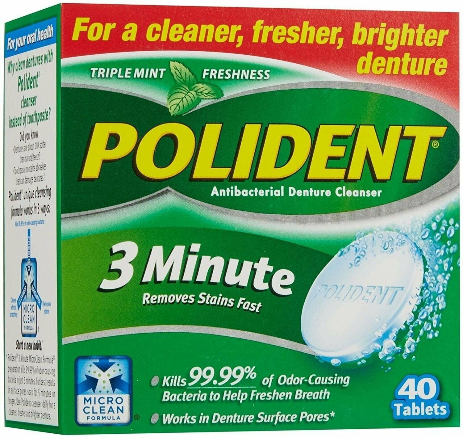 Polident 3 Minute Whitening Denture Cleansers Tablets, 40 Count