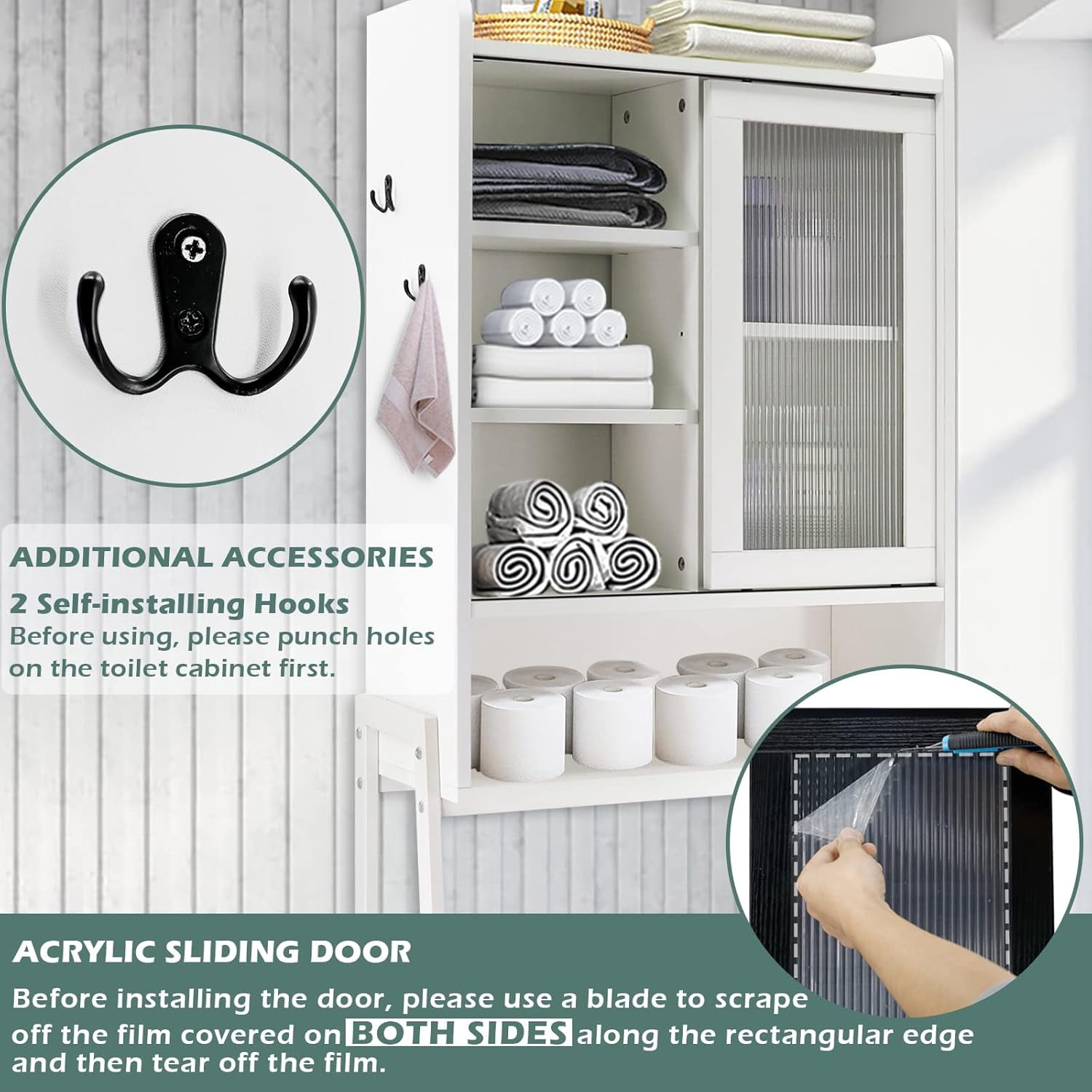 Reliancer Over The Toilet Storage Cabinet with Adjustable Shelves, Bathroom Space Saver Organizer Shelves, Freestanding Space Saver with Acrylic Sliding Door, Metal Frame, White