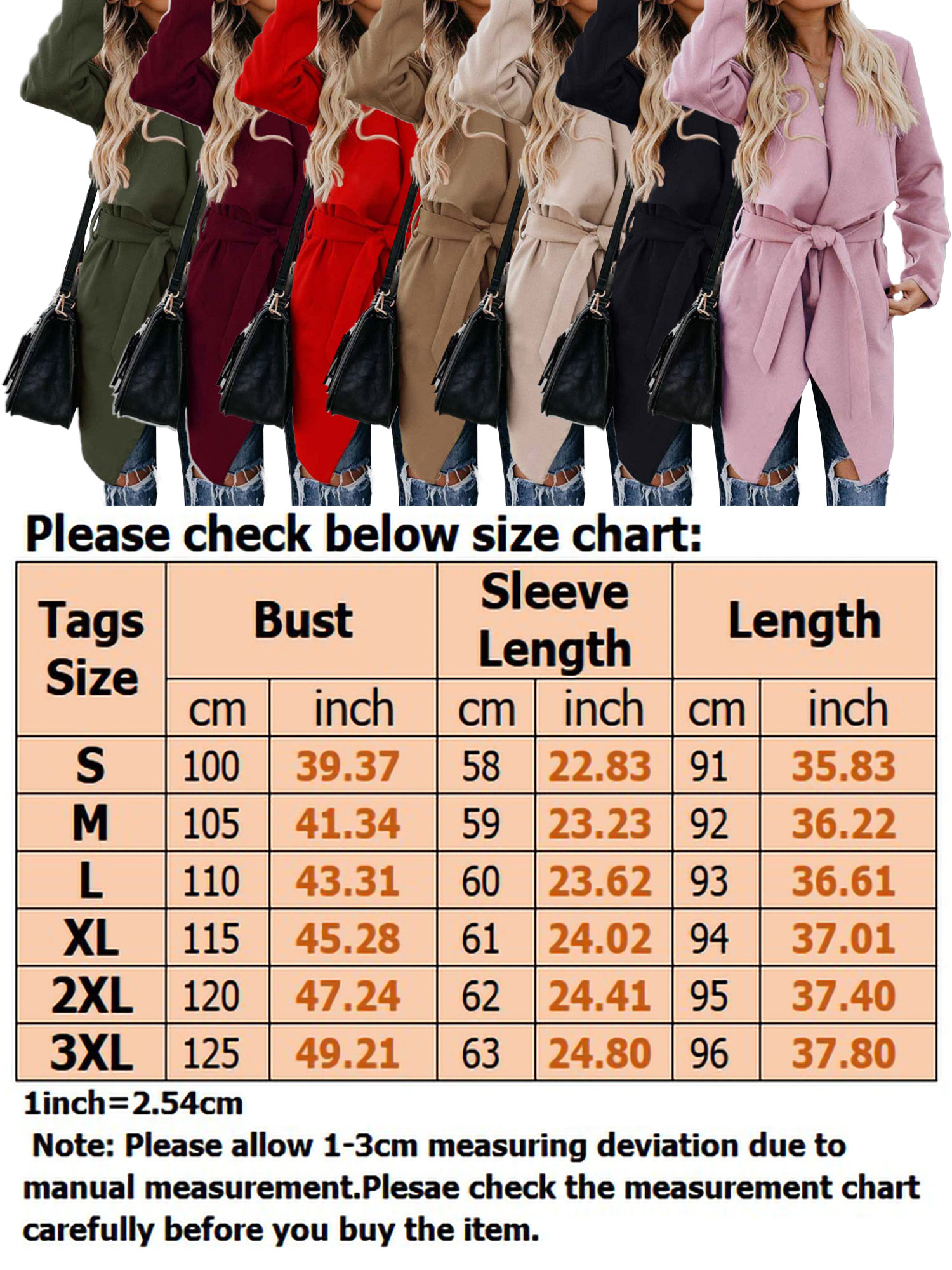 HIMONE Womens Long Wrap Coat Peacoat with Belt Trench Coat Open Front Cardigan Long Sleeve Jacket Overcoat Outerwear Classic Thin Walker Coat - image 2 of 2