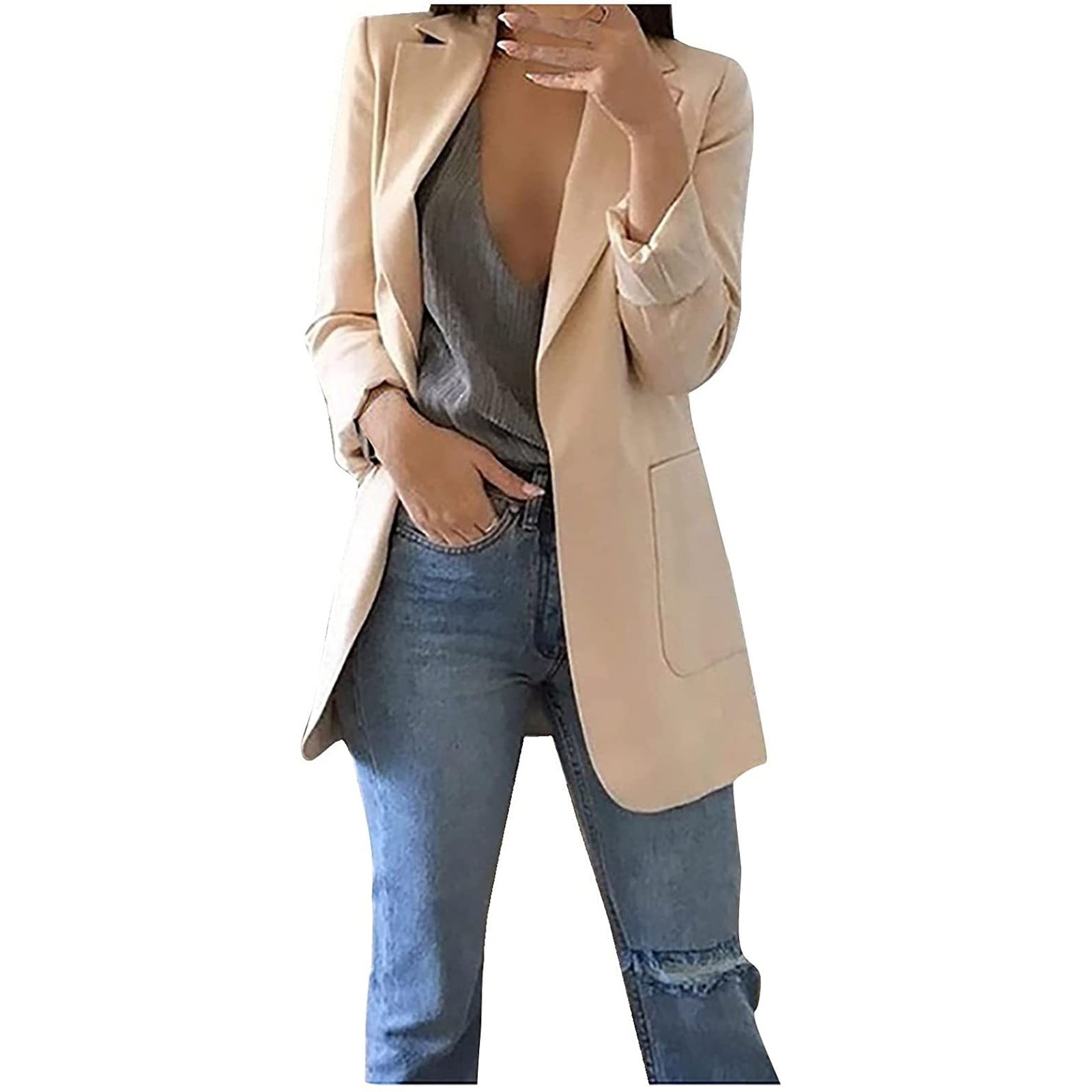 Open front long blazer sale