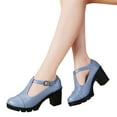 thumbnail image 2 of Lovskoo 2024 Women's Oversized Classic Leather Shoes T-Strap Platform Chunky Block Mid-Heel Closed Toe Pumps Metal Buckle Mary Dress Wedding Shoes Blue, 2 of 8