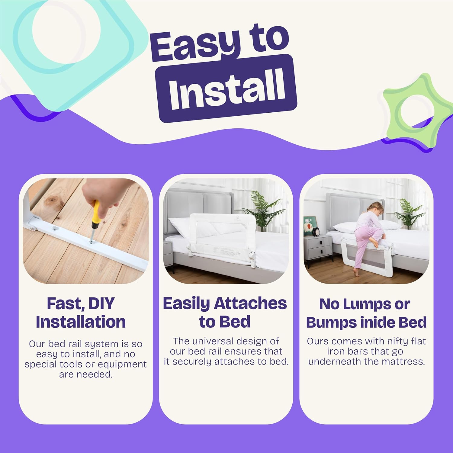ComfyBumpy Toddler Bed Rail Guard, 35.5" x 19.5" Regular Swing Down Rail for Kids Beds, White, 1 pack