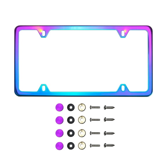 KA Depot Four Hole Slim Version Neon Neo Chrome Mirror License Plate Frame T304 Stainless Steel   Metal Screw Caps
