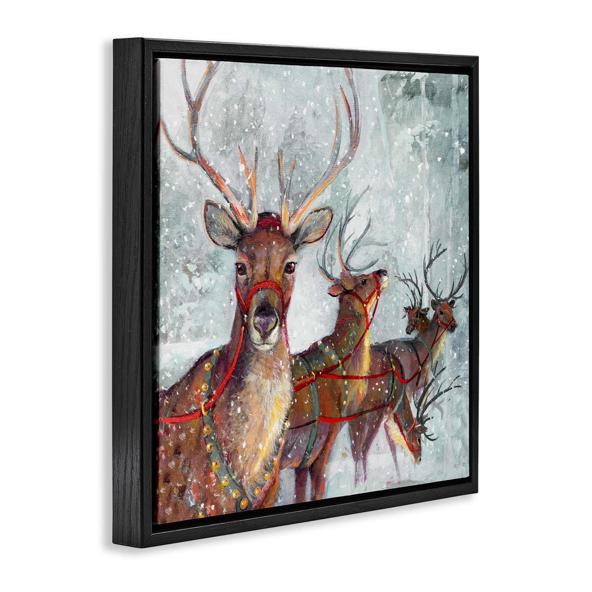 Stupell Industries Winter Reindeer Holiday Landscape Holiday Painting Black Floater Framed Canvas Art Print Wall Art, 18 x 18