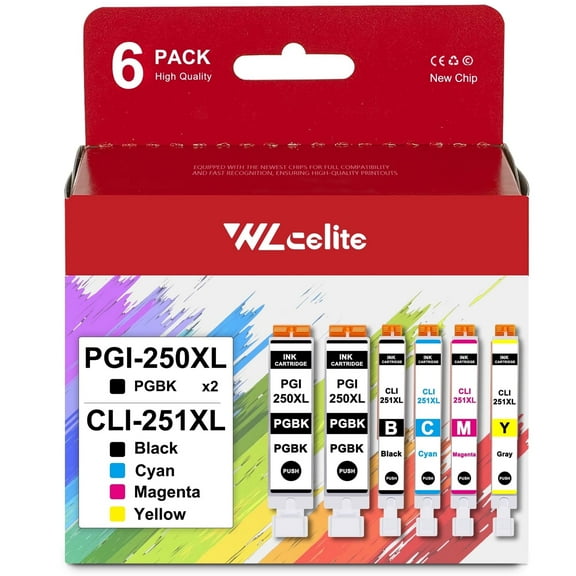 PGI 250XL CLI 251XL Ink Compatible for Canon 250XL 251XL Combo Pack Ink Cartridge Printer（6 Pack）