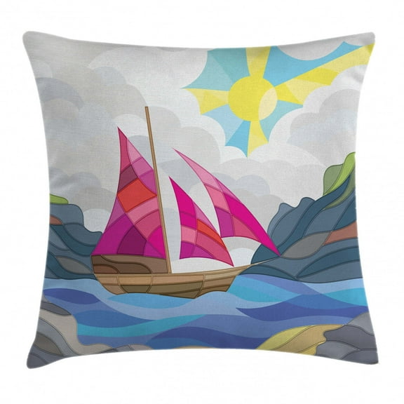 Modern Throw Pillow Cushion Cover, Sun Sky Clouds Sail Boat on the Sea Vitray Style Fractal Landscape Funky Picture, Decorative Square Accent Pillow Case, 24 X 24 Inches, Multicolor, by Ambesonne