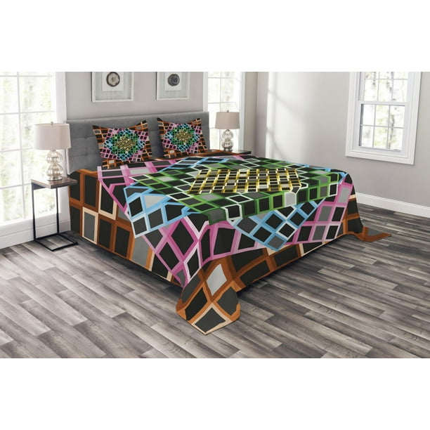 Geometric Bedspread Set Queen Size, Colorful Squares Framework Abstract