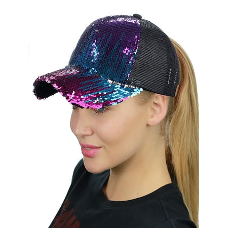 Sequin Baseball Cap - C.C Ponycap Messy Bun Ponytail Reversible Magic Sequin Adjustable Baseball Cap, Purple/Hot Pink/Turquoise/Silver