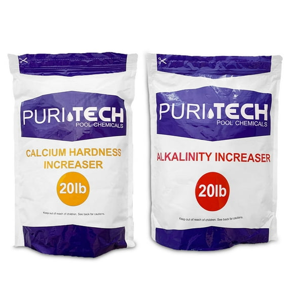 Puri Tech Powder Chemical 20 lb Calcium Hardness Increaser & 20 lb Alkalinity Increaser for Swimming Pools