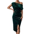 thumbnail image 3 of Women'S Off the Shoulder Asymmetrical Velvet Midi Dress Short Sleeve Ruched Elegant Party Dresses Green L, 3 of 8