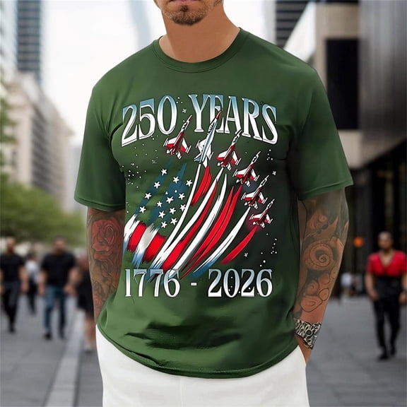 Men's USA 250th Anniversary Graphic T-Shirt - Patriotic Jet Fighter & Flag Print Short Sleeve Tee, Comfortable Breathable Casual Top for Daily Wear (S-XXXL)