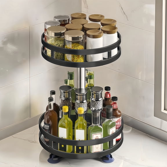 2-Tier Rotating Spice Rack Organizer, 360 Degree Lazy Susan Seasoning Storage Holder with Anti-Slip Base, Large Capacity Multifunctional Condiment Shelf for Kitchen Countertop Pantry Cabinet