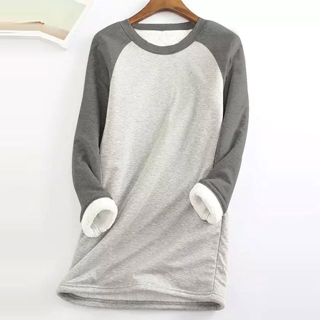 ESSSUT Hauts pour Femmes Liquidation Chandail en Molleton Épais en Polaire Manches Longues Patchwork Léopard Velours Chaud Col Rond sous-Vêtements Hauts Gris m