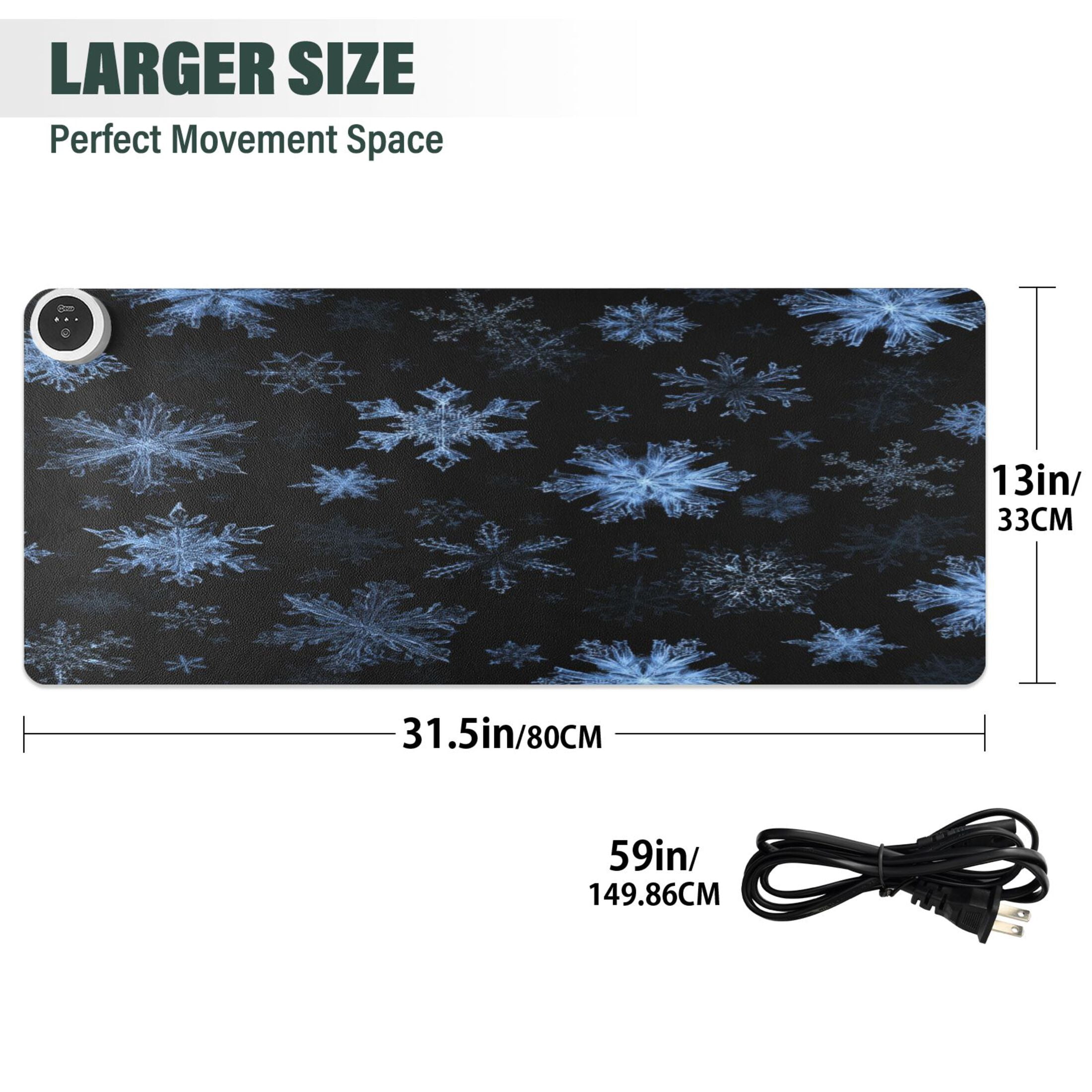 Large Heated Desk Mat Mouse Pad 31.5"x13"PU Leather Graphene Heating Desk Warmer with 3 Temperature Settings 110V US Plug Non-Slip Warm Pad for Home, Office, and Gaming Pale Blue Chrimas Snowflake
