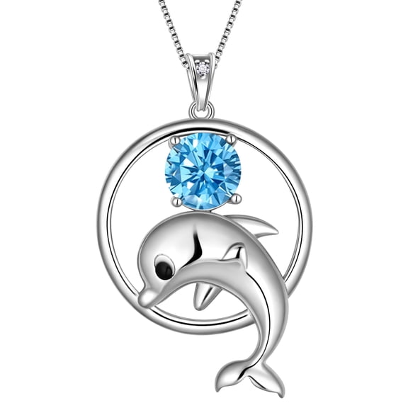 Juwaliy 925 Sterling Silver Cute Dolphin Necklace for Women,March Birthstone Blue Aquamarine Mom Pendant Sea Animal Jewelry Birthday Gift for Daughter