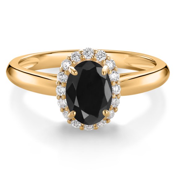 Gem Stone King 10K Yellow Gold Black Sapphire and White Lab Grown Diamond Halo Engagement Ring for Women (1.23 Cttw, Gemstone September Birthstone, Oval 7X5MM, Size 8)