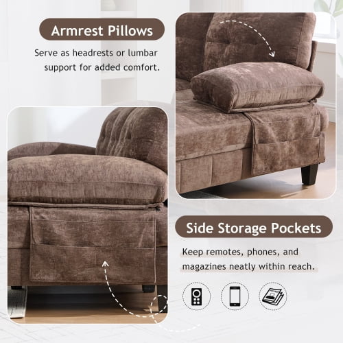 MOONMISS U-shaped Sectional Sofa 103.5" Chenille Fabric Couch with Dual Chaise Lounges, Storage Pockets and Armrest Pillows for Living Room,Brown