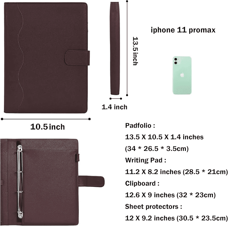 Wonderpool A4 PU Leather Ring Holder Writing Portfolio Multi Document Case with Removable Binder Clipboard and Functional Pocket for Organizer Office Travel School (Coffee)