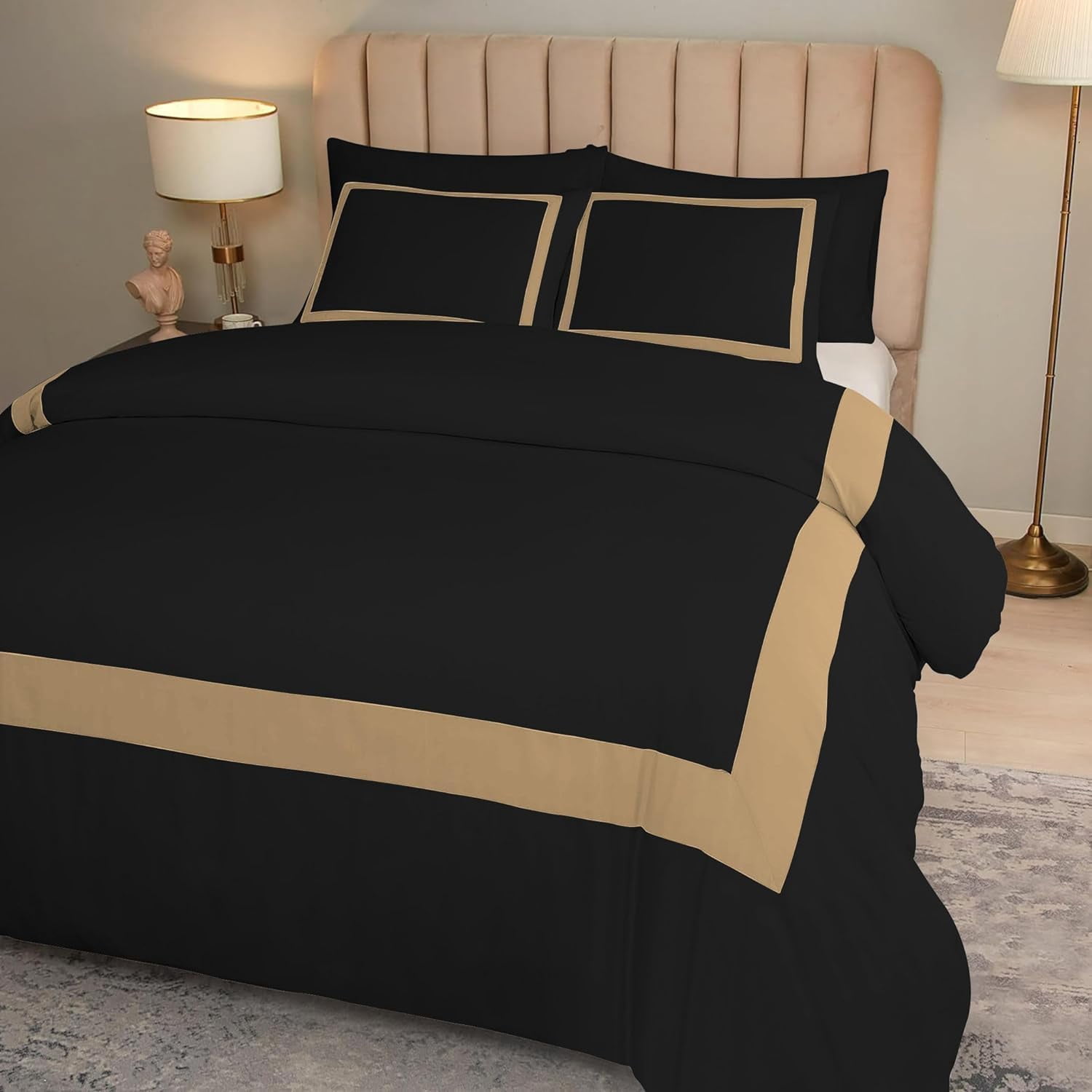 DNG Creations 5 Piece Full Black And Taupe Border Line Pattern Duvet Cover - 100% Egyptian Cotton, 800 Thread Count ( California King )