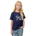 thumbnail image 3 of CCRFTGI Shirts for Girls Trendy Short Sleeve Bowknot Print Tunic Tops Fall Crew Neck T-Shirts Oversized Soft Solid Teen Girl Clothes Navy 13-14Y, 3 of 5