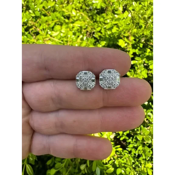 1.75Ct Certified Moissanite 3D Screwback Earrings 925 sterling Silver Baguette Iced Mens Studs