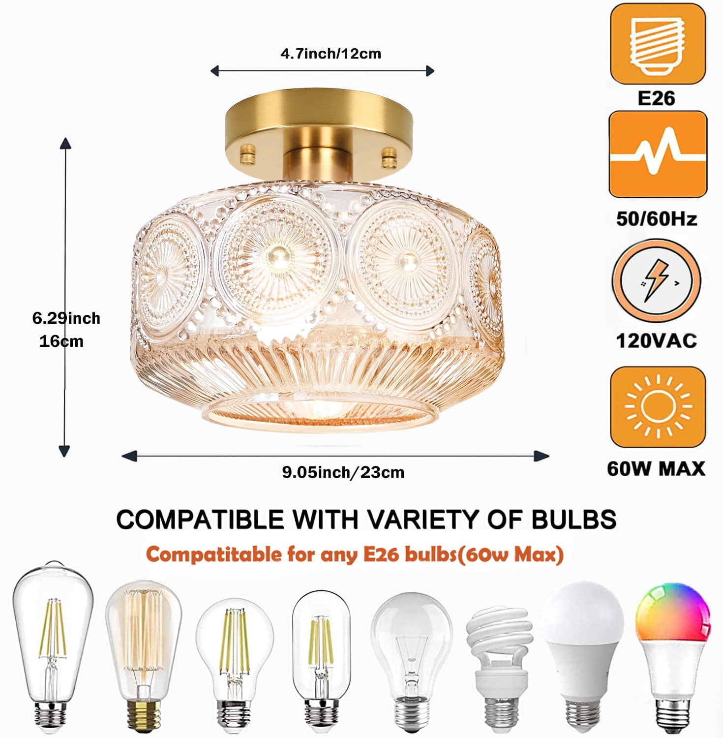 Semi Flush Mount Ceiling Light,Globe Glass Ceiling Light,Vintage Small Hallway Light Fixture,Amer Glass Lighting Fixture for Bedroom Bathroom Entryway Kitchen