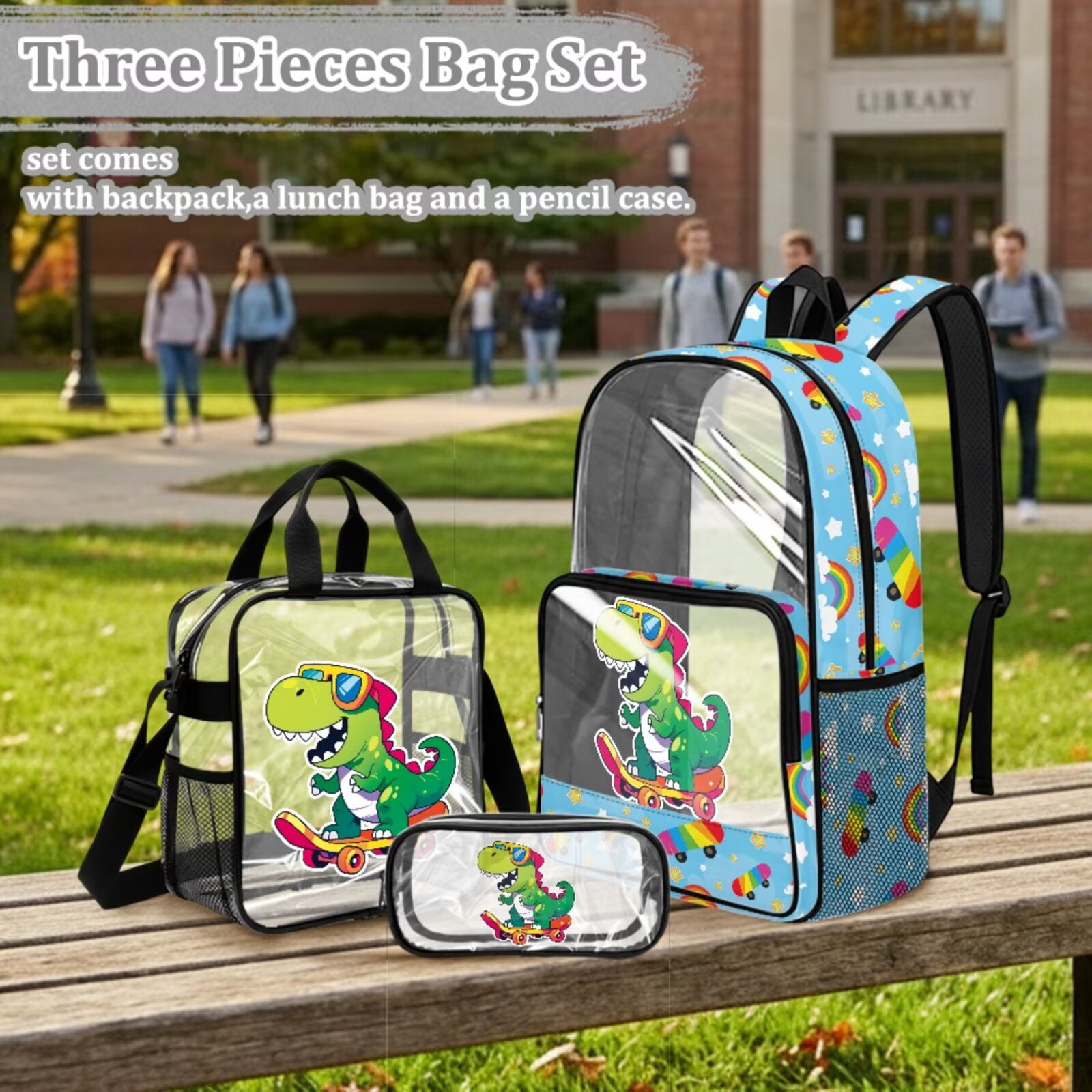 Xixirimido Cartoon Dinosaur Rainbow Stars Print 3Pcs Set Clear PVC Backpack with See Through Transparent Lunch Bag Pencil Case 3 in 1 School Bag Set Boys Girls Bookbag for School Stadium