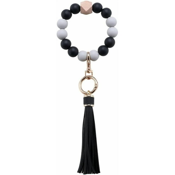 Silicone Key Ring Bracelet Wristlet Keychain Black Beaded Bangle Key Chains with Leather Tassel for Women Valentine's Day Thanksgiving Day