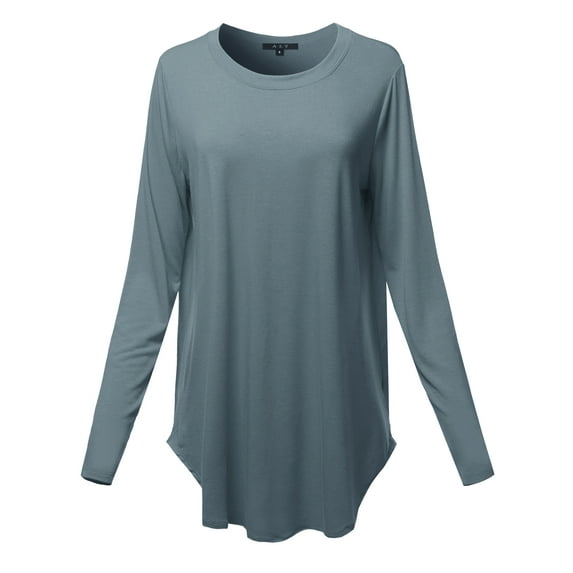 A2Y Women's Premium Solid Long Sleeve Round Hem Crew Neck Top Shirt Cement 1XL