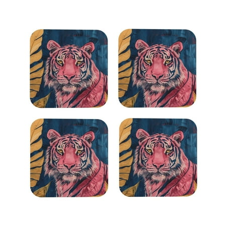 

Leather Coasters Set of 4 - Pink Tiger Gold Leaves Lightweight Non-Slip Drink Coasters for Desk Anti-Scalding Desk Cup Coasters for Office Table Decor Square
