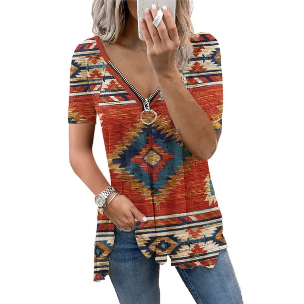 ICHUANYI Clearance Women Casual Retro Aztec Print Short Sleeve Ethnic V-Neck Zipper T-Shirts Tops(Orange, XXL) ICHUANYI WER2023081015129