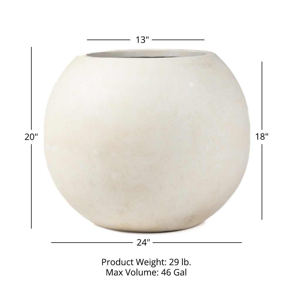 Ash & Ember Onyx 24" D Ceramic Indoor Outdoor Round Sphere Planter, Satin Ivory, Home Décor Evergreen Weather Resistant Modern Planter Pot, Seamless Herb & Seasonal Flower Garden Box