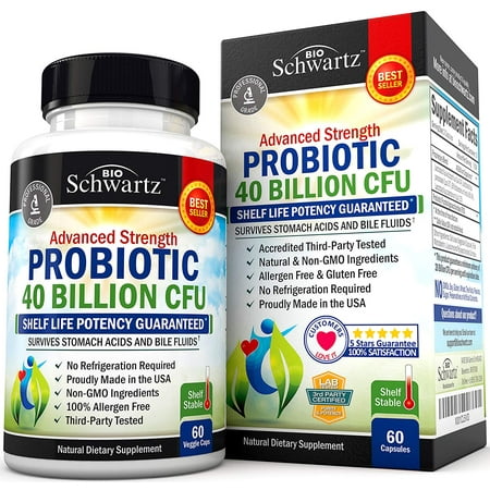 Bio Schwartz Probiotic, 40 Billion CFU.- Patented Delay Release, Shelf Stable - Lactobacillus Acidophilus - Gluten Dairy Free for Women Men - No Refrigeration – Digestive (Best Non Dairy Probiotic)