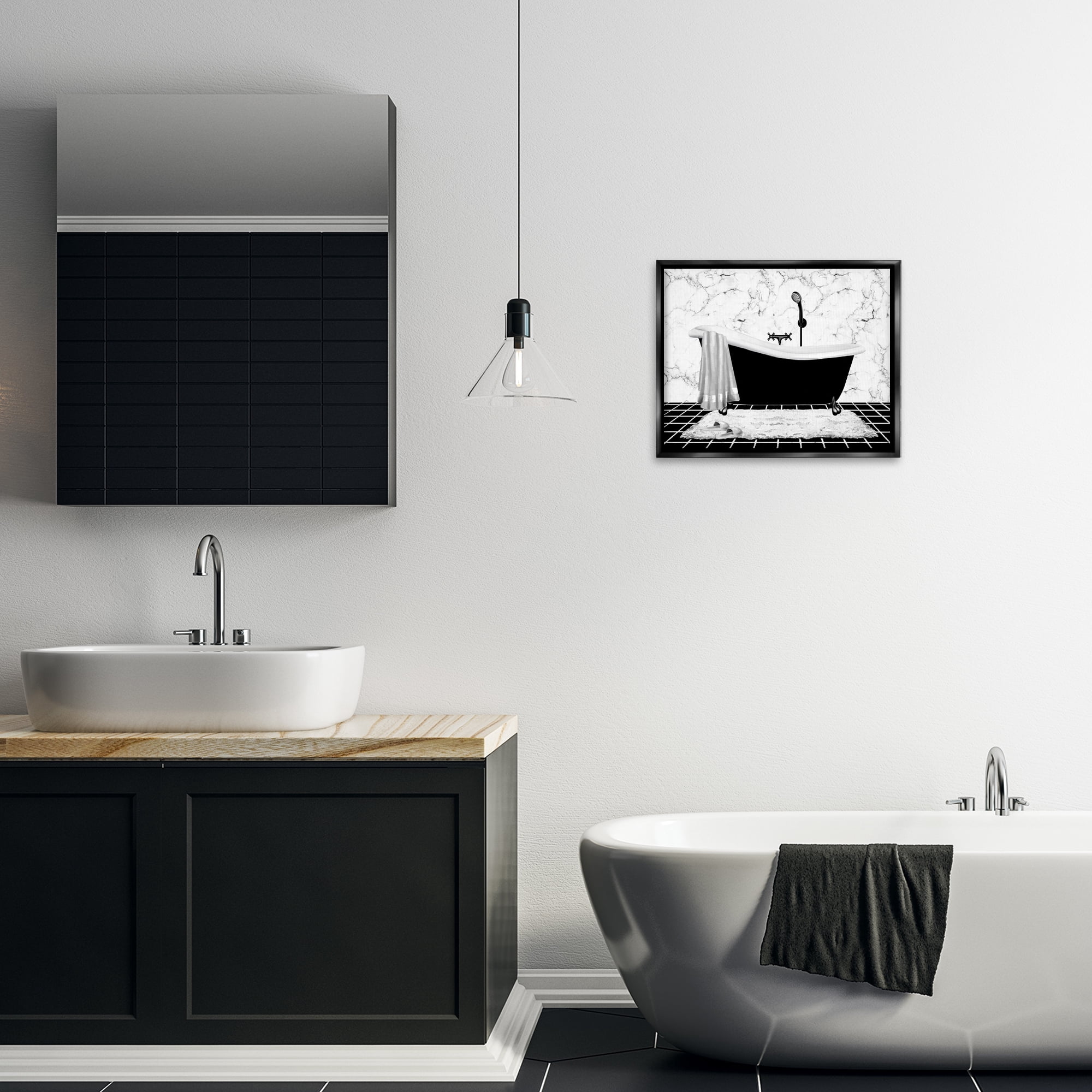 Stupell Industries Marble Pattern Tub Typography Painting Black Floater Framed Canvas Art Print Wall Art, 21 x 17