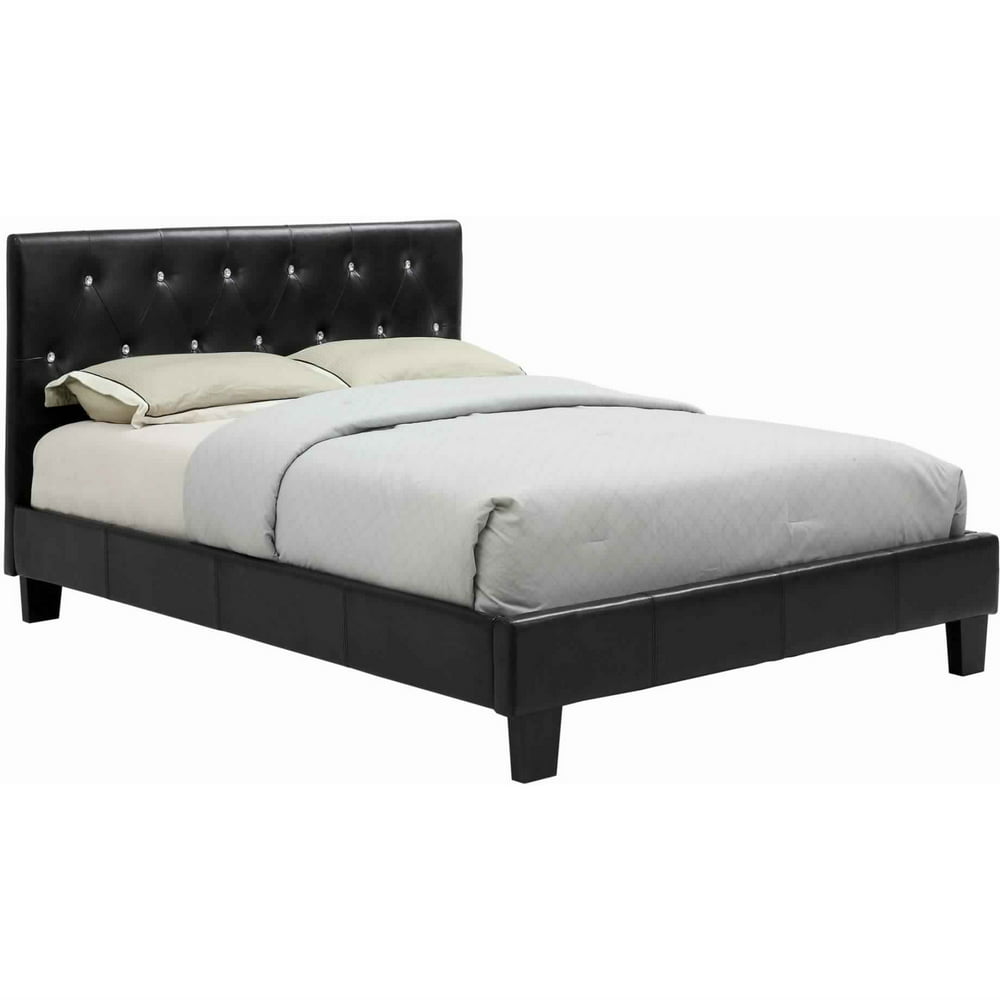 Low Profile Queen Size Bed with Button Tufted Headboard, Black