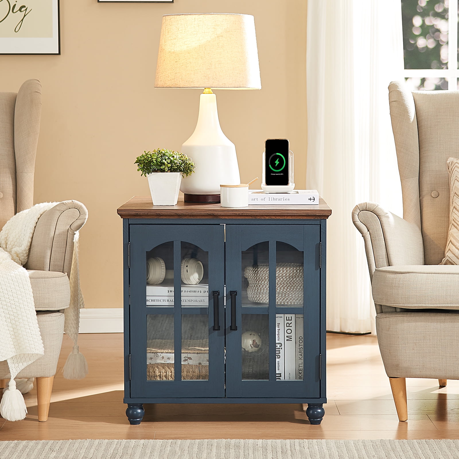 Farmhouse End Table with Charging Station, 24" Large Sofa Side Table, Glass Barn Door, Adjustable Storage Shelf, Rustic Wood Square Nightstand for Living Room, Bedroom, Office - Blue