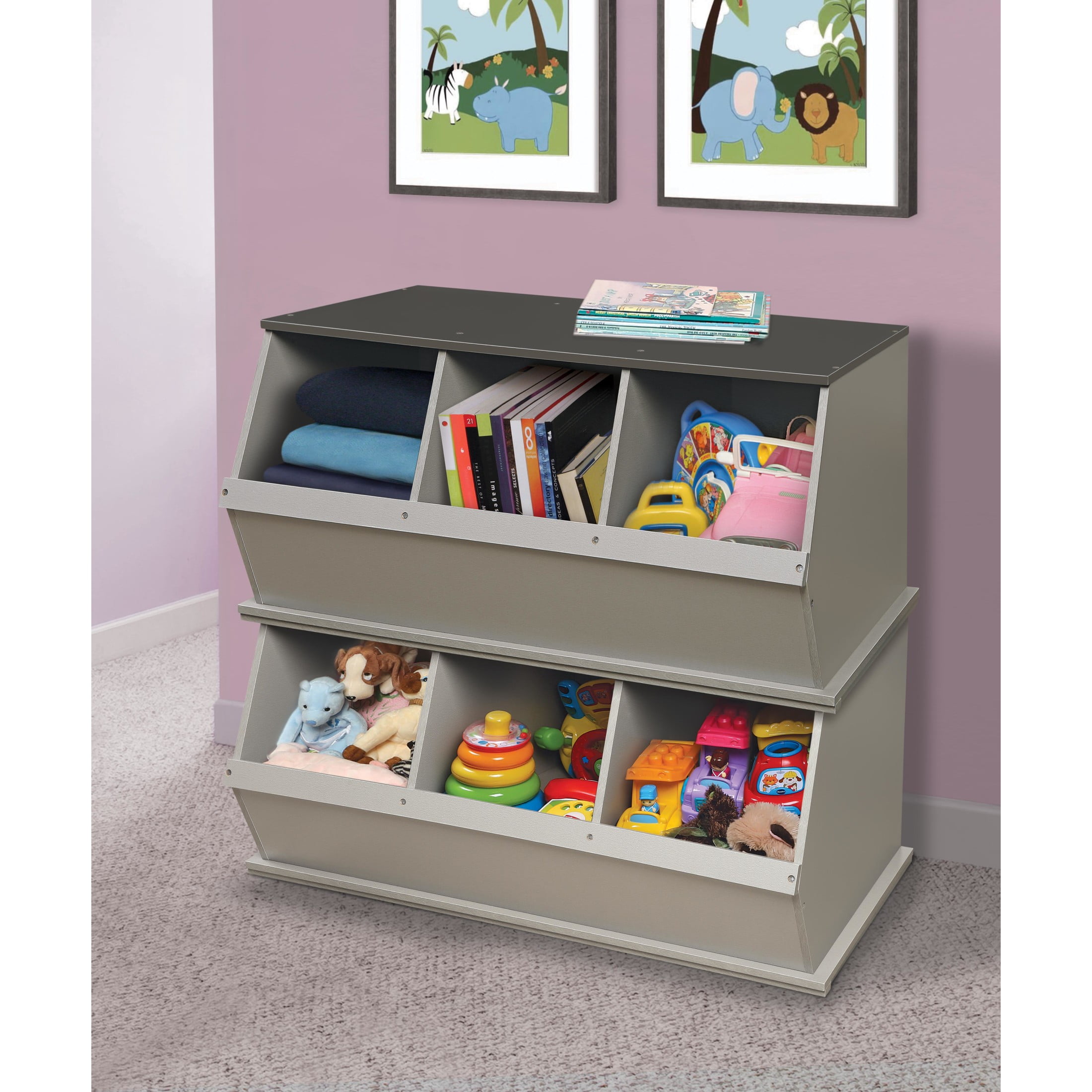 Badger Basket Children's Stackable Wooden 3-Bin 33 gal Toy Storage Cube, Woodgrain Gray