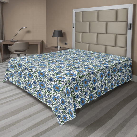 Ambesonne Floral Flat Sheet, East European Flower Motif, Queen Size, Sea Blue Umber