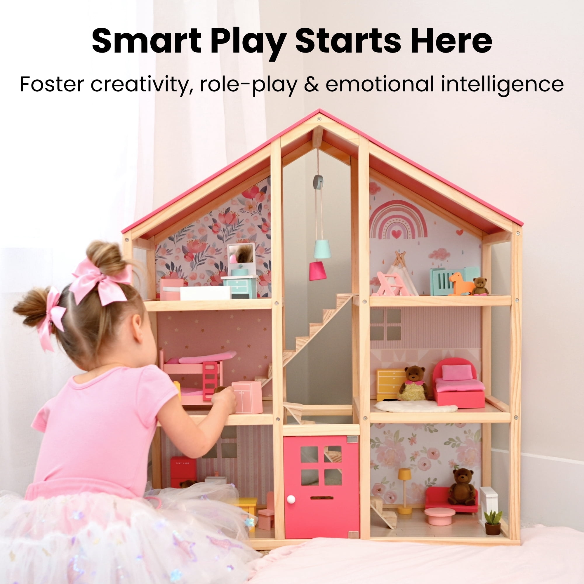 Tiny Land Wooden Dollhouse for Girls - 6 Rooms, 30pcs Furniture, DIY Pretend Play House, Gift for Ages 3+