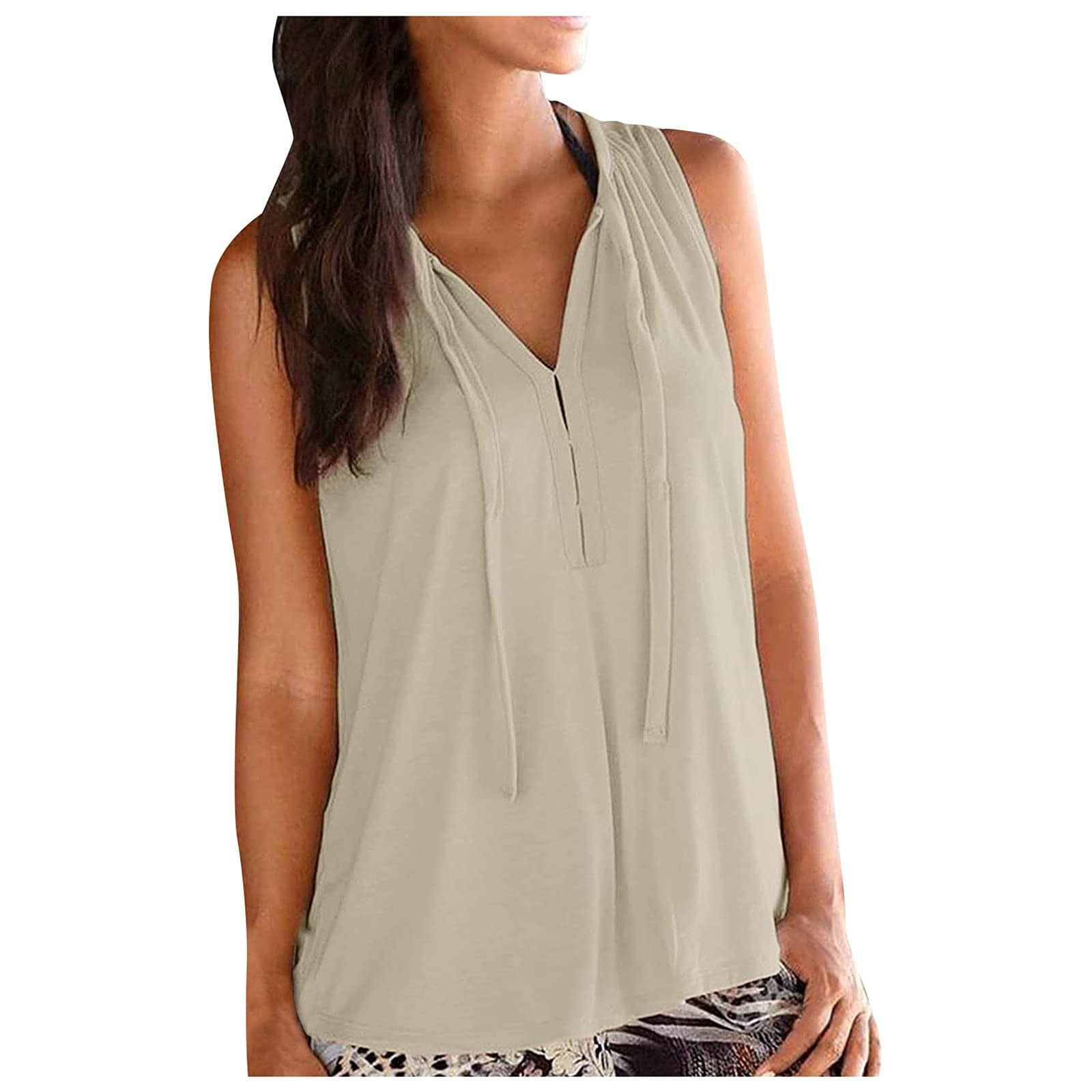 Ladies Solid V-Neck Tie Sleeveless Tank Top Women's Fashion Summer Solid  Color V-Neck Tie Sleeveless Tank Top Blouse 