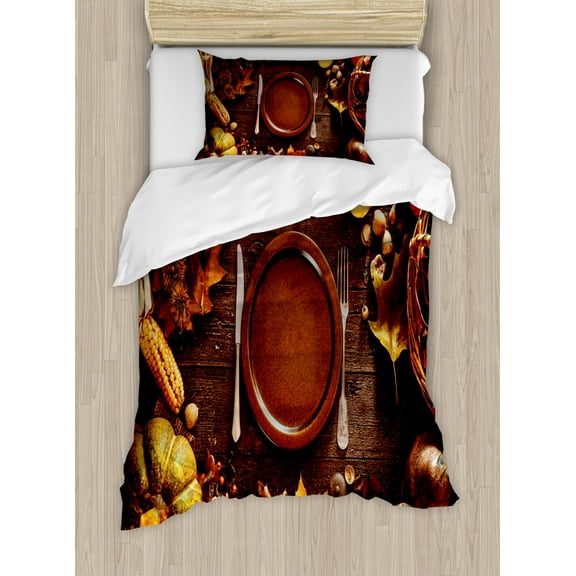 Harvest Duvet Cover Set Twin Size, Dinner at Thanksgiving Fall Color Theme Plate and Cutlery Various Seasonal Food, Decorative 2 Piece Bedding Set with 1 Pillow Sham, Brown Orange, by Ambesonne