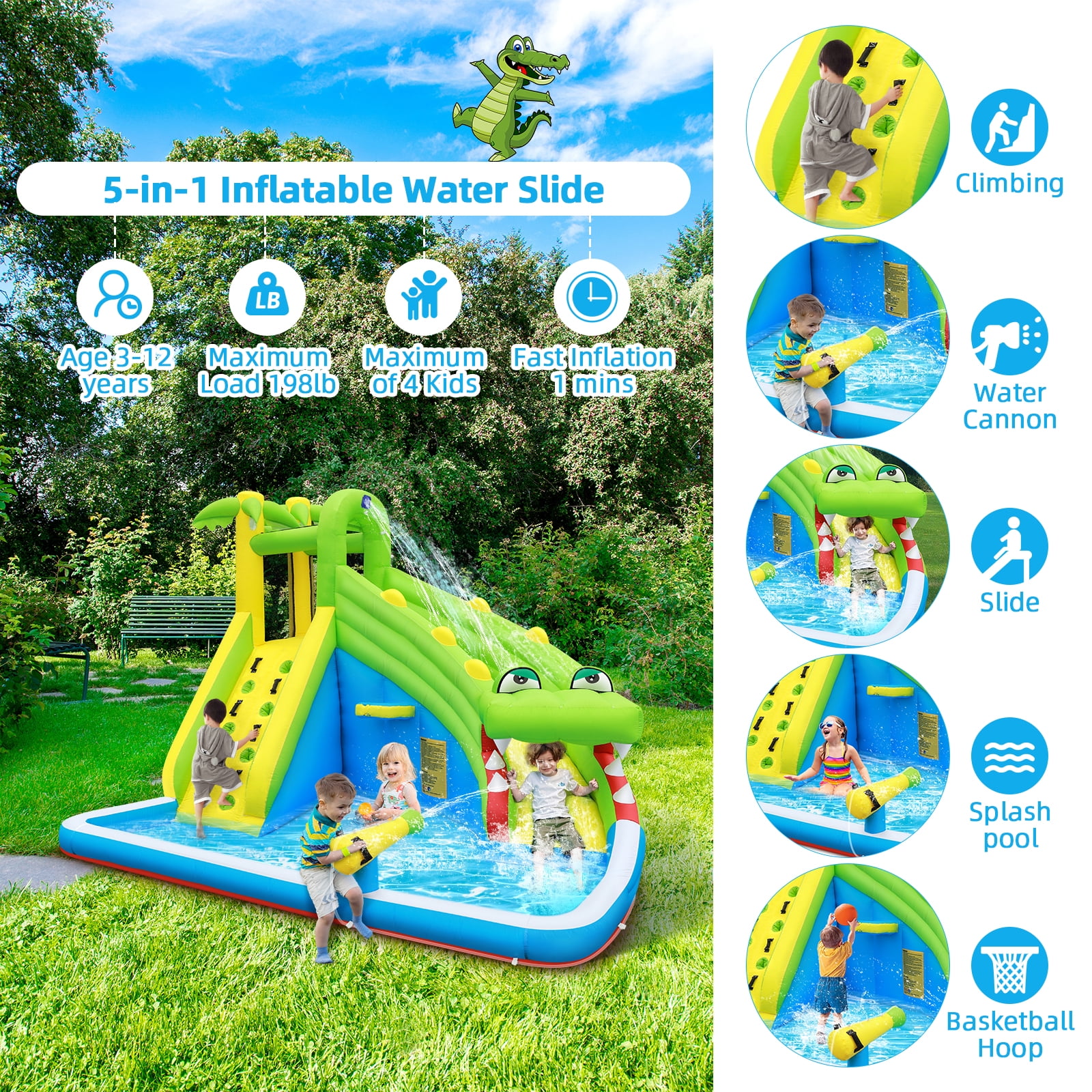 Inflatable Water Slide：5 in 1 Crocodile Bounce House Water Park for Kids - Climbing Wall Splash Pool Water Cannon Basketball Rim - 480W Blower - for Indoor Outdoor Backyard Birthday Party