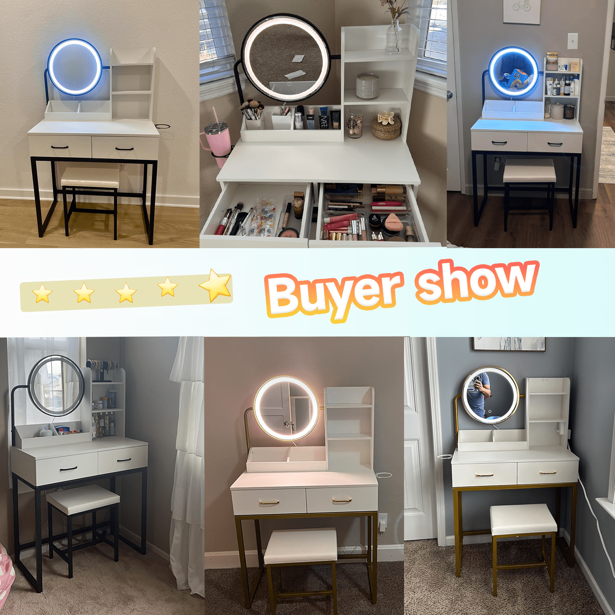 VEANERWOOD Vanity Desk with Lights and Round Mirror, Modern Vanity Makeup Table with 2 Drawers, White