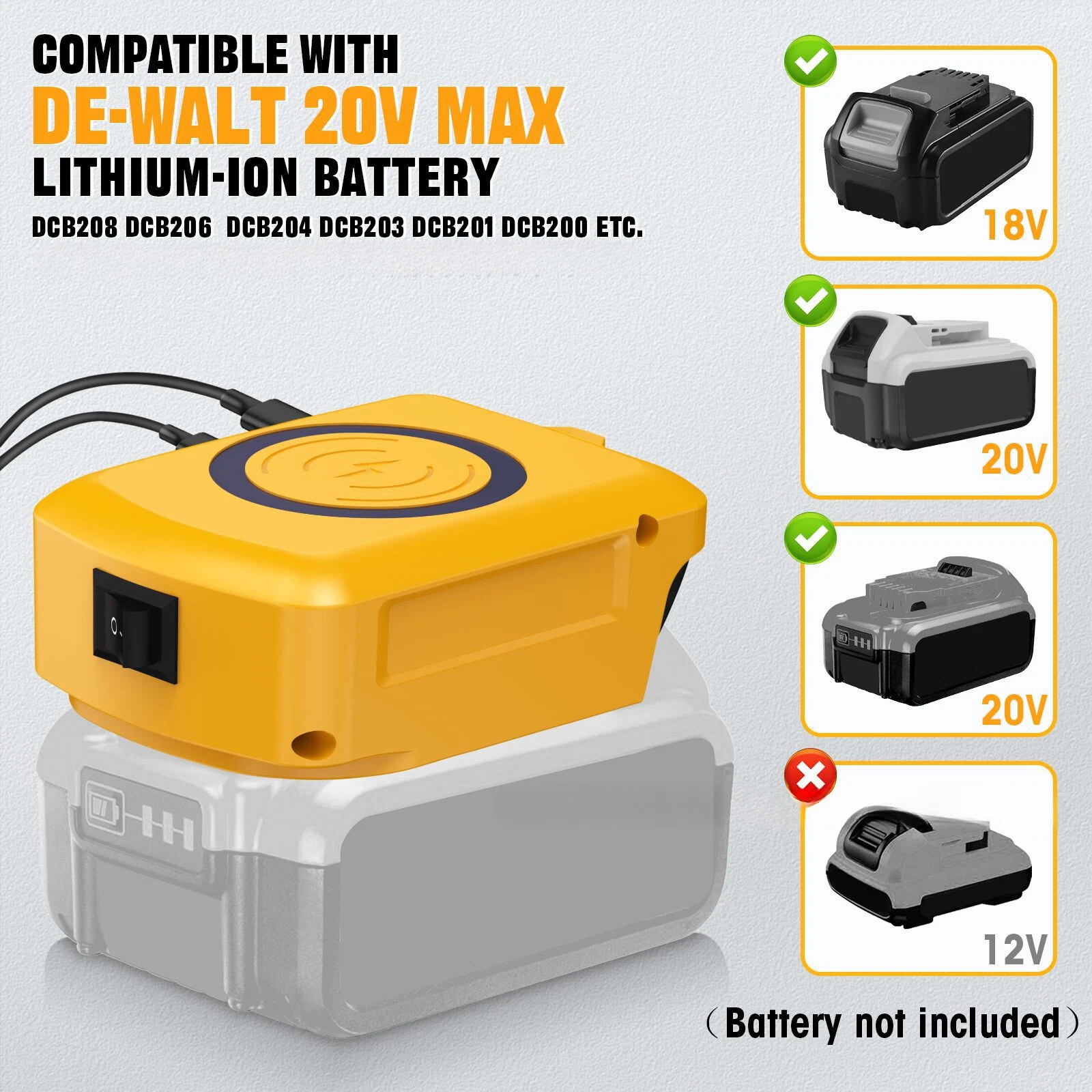 Wireless Charger Adapter for Dewalt 20v Battery 15W for Phone with Type C USB