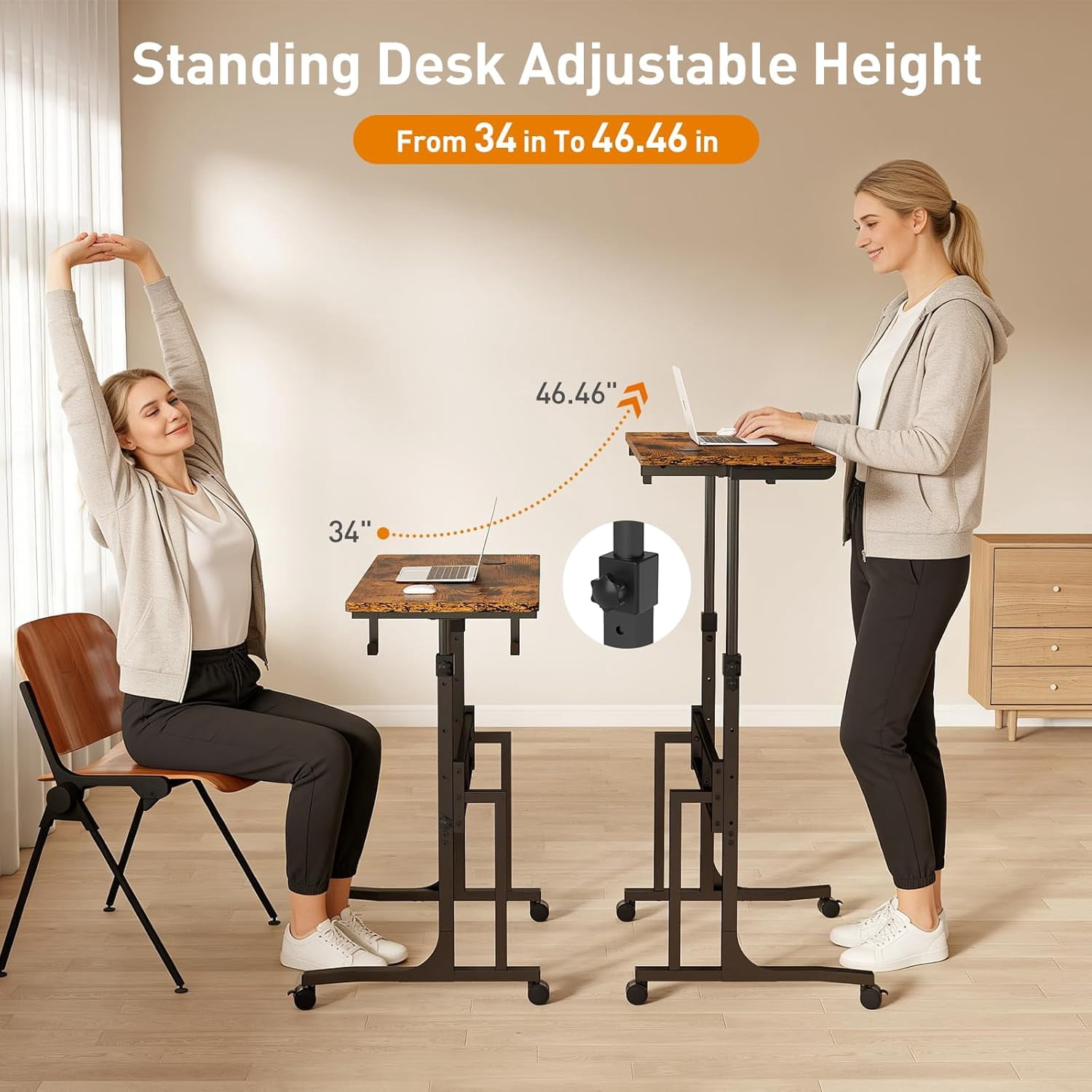 Standing Desk with Wheels Adjustable Treadmill Desk Rolling Bike Trainer Desk for Walking Pad Laptop Phone Standing Brown Ergonomic Home Office Workout Station