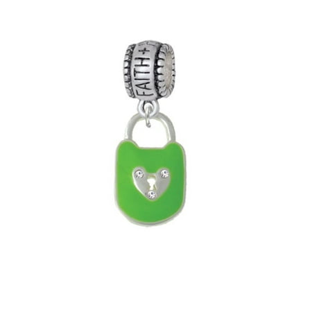 Lime Green Enamel Lock with Clear Crystals - Faith Hope Love Charm Bead