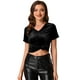 thumbnail image 1 of Camiseta casual de manga corta con cuello en V y parte superior de terciopelo para mujer Negro S, 1 of 4
