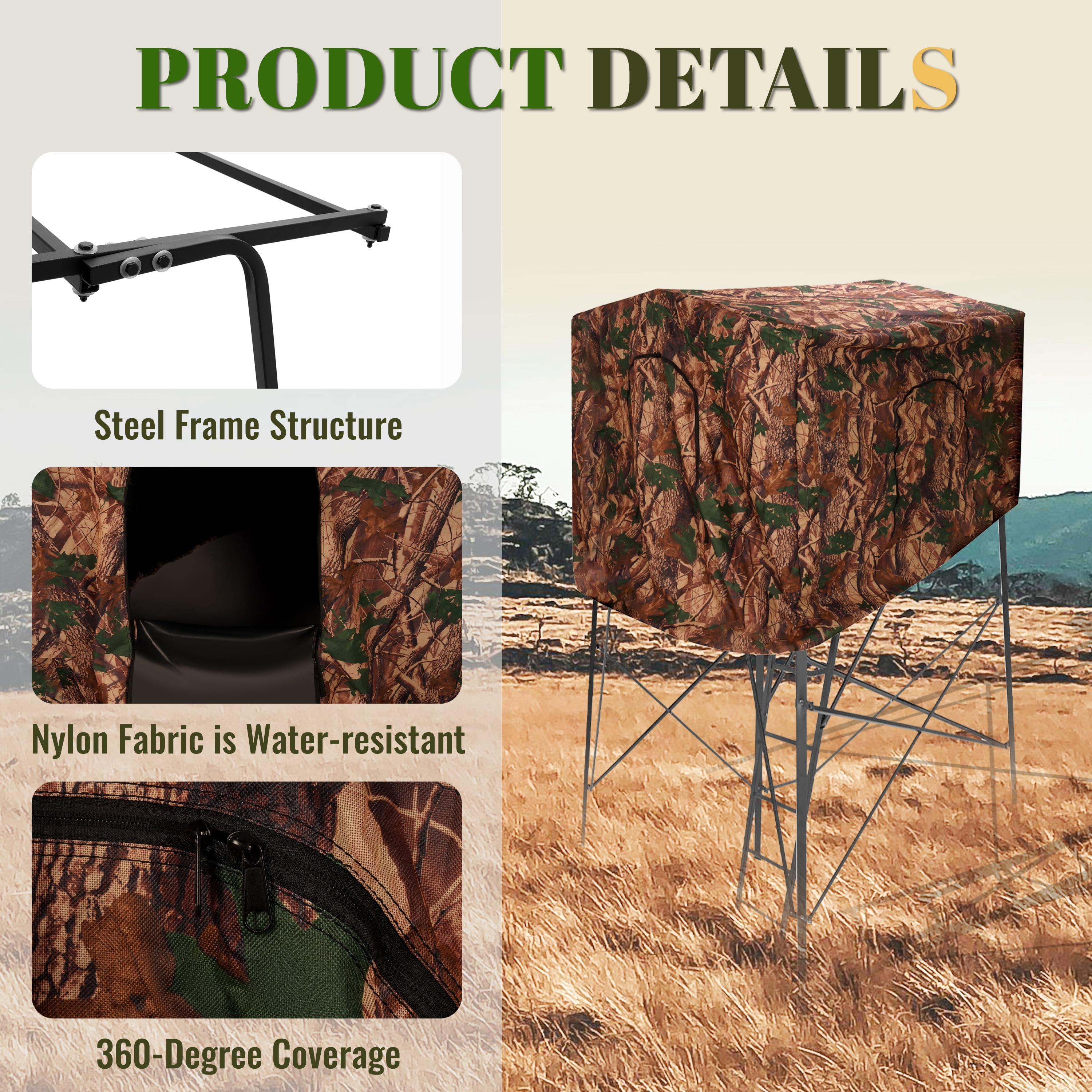 KOJEM Hunting Blind Cover Deer Hunting Blind Camouflage Enclosure Universal 2 Entrances Hunting Equipment 360 Degree Full Surround Coverage Quad Blind Cover (Stand Not Included)